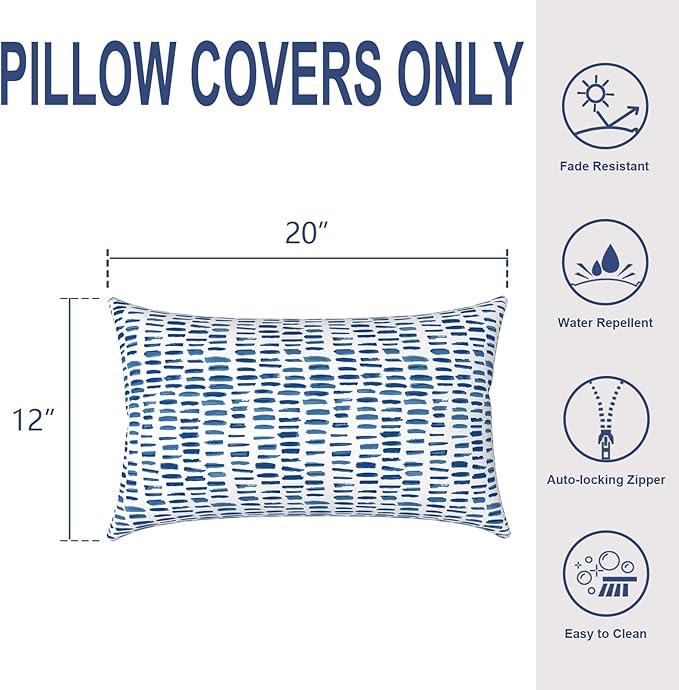 Pack of 2 Outdoor Lumbar Pillow Covers, All Weather Cushion Pillow Cases 12x20 Inch, Pillowcase for Patio Couch Decoration, Pebble Blue