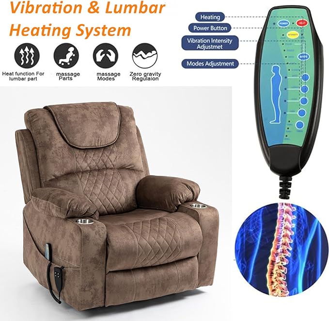 Recliner Lift Chairs for Elderly, 180 Degrees Lay Flat Recliner Chair with Heat and Massage and Cup Holder for Adults 400 lb Capacity (Brown Velvet)