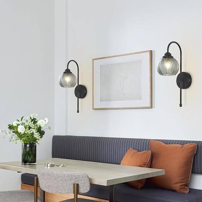 KCO Lighting Modern Glass Globe Wall Sconce Smoke Gray Glass Vanity Light Long Black Wall Sconces Set of Two Industrial Mid Century Wall Sconce Bedroom Wall Lamps Hardwired