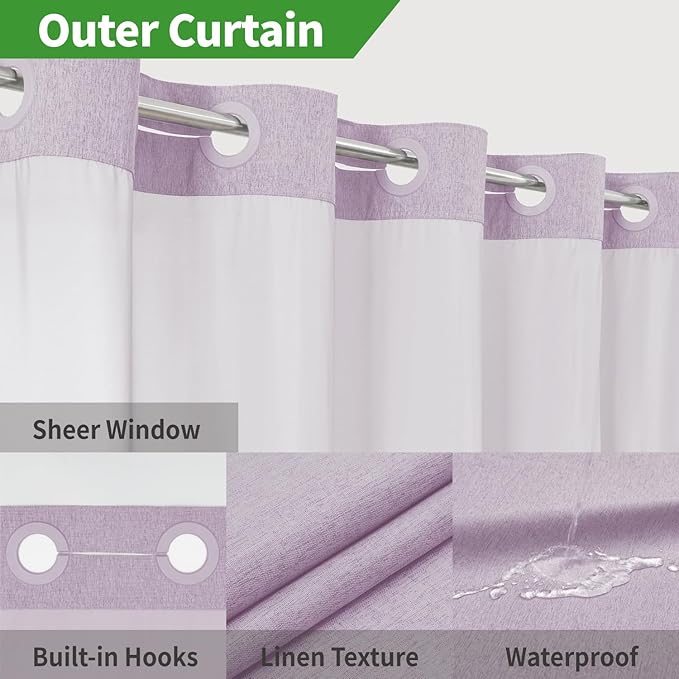 Extra Long No Hooks Needed Linen Textured Shower Curtain with Snap-in Fabric Liner Set,White Hotel Luxury Decor Shower Curtains for Bathroom,Waterproof & Washable,71Wx86H,Lavender