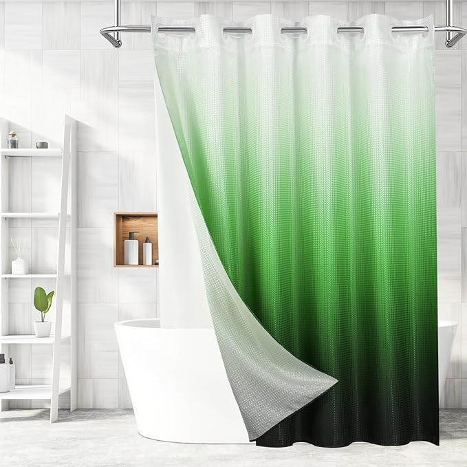 MitoVilla Emerald Green Ombre Long Shower Curtain 72 x 80, No Hooks Needed 80 inch Long Heavyweight Waffle Fabric Shower Curtain Set with Snap-in Liner for Hotel Grade Spa-Like Bathroom Decor