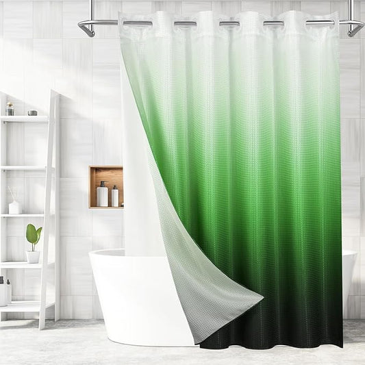 MitoVilla No Hooks Needed Extra Long Shower Curtain with Snap-in Liner, 86 inch XL Emerald Green Ombre Heavyweight Waffle Fabric Cloth Shower Curtains for Modern Luxury Hotel & Spa Bathroom Decor