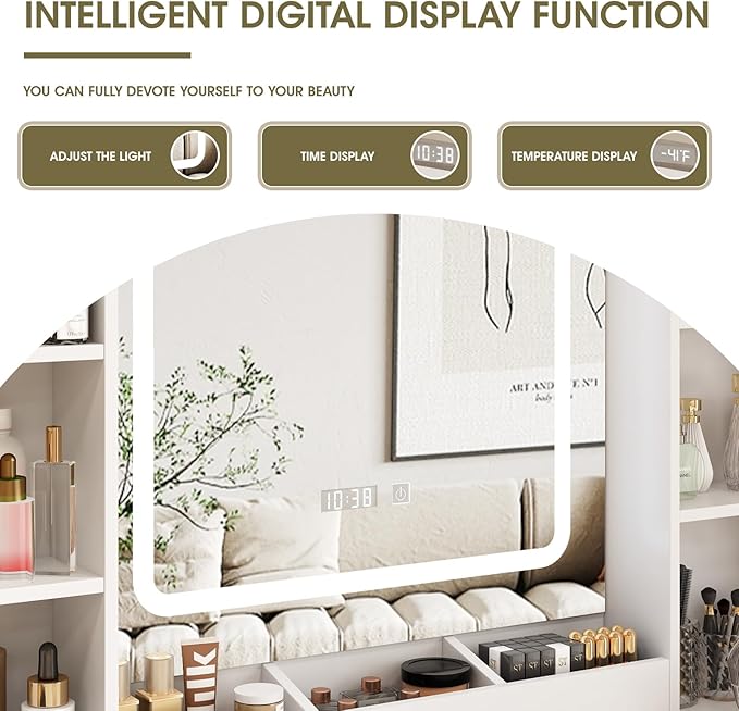 Vabches Makeup Vanity Desk, Vanity Mirror with Lights Desk and Chair,Makeup Table with 3 Large Drawers and 2 Cabinets, Time and Temperature Display, 3 LED Lighting Modes Adjustable, White