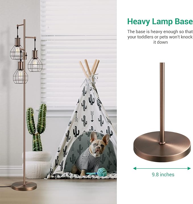 EDISHINE Dimmable Industrial Floor Lamp, Farmhouse Standing Lamp for Living Room, Bedroom, 3 LED Edsion Bulbs Included, Rotary Switch, 65in Rustic Tree Reading Lamps for Study Room, Office - Brown