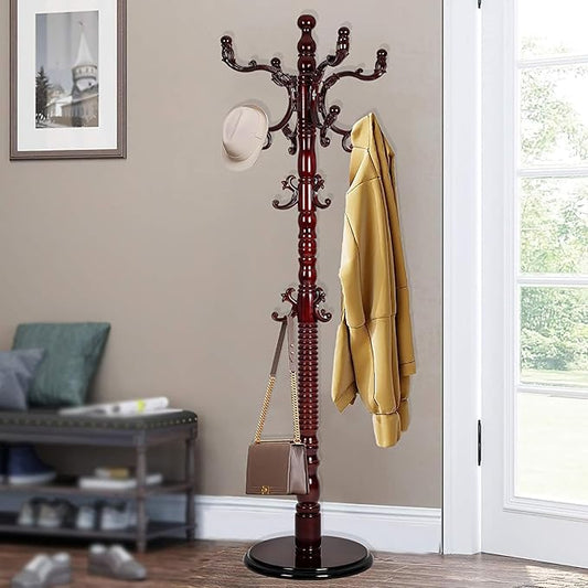73" Wooden Coat Rack Stand,Coat Racks Freestanding With 14 Hooks And Solid Round Base Heavy Duty Adjustable Height Hall Tree Coat Rack for Entryway Hallway Foyer Office Bedroomf (Red sandalwood)