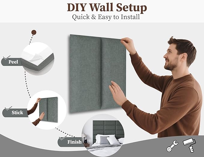 Queen Size Headboard, Upholstered Peel and Stick Wall Mounted Panels for Bed Headboard Queen Size Only, 9PCS Tufted Anti-Collision Interior Panels, 10"x24" Each, Black