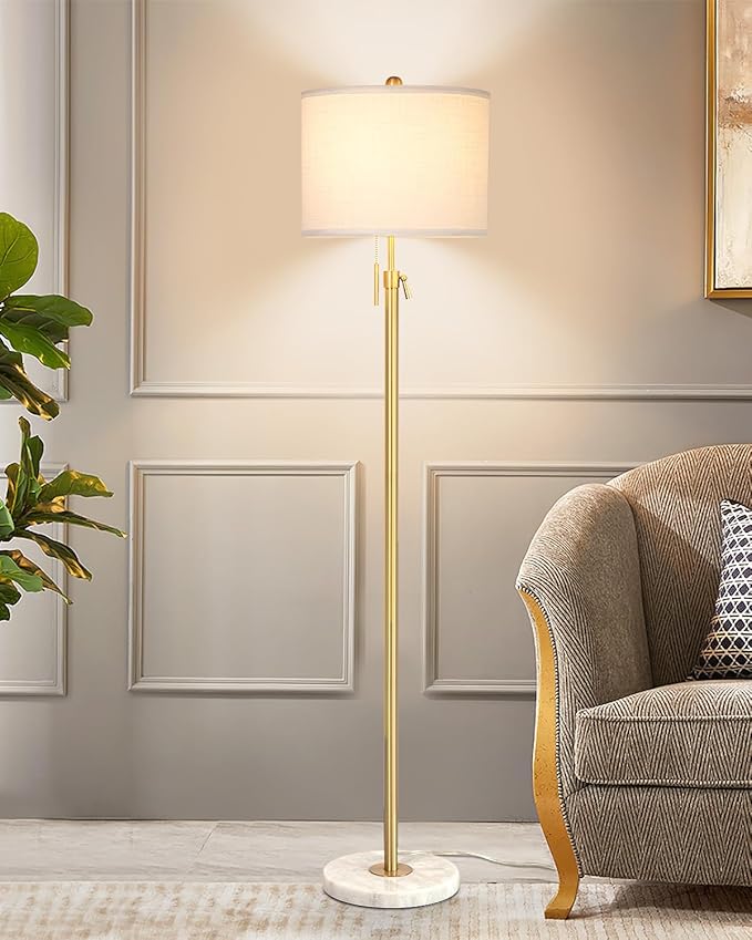 Modern Floor Lamp for Living Room, Adjustable Height Standing Lamp with Marble Base, 3-Way Dimmable Gold Brass Tall Pole Light with White Linen Shade for Reading, Bedroom, Chain Switch, Bulb Included