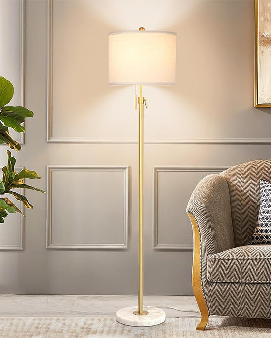 Modern Floor Lamp for Living Room, Adjustable Height Standing Lamp with Marble Base, 3-Way Dimmable Gold Brass Tall Pole Light with White Linen Shade for Reading, Bedroom, Chain Switch, Bulb Included