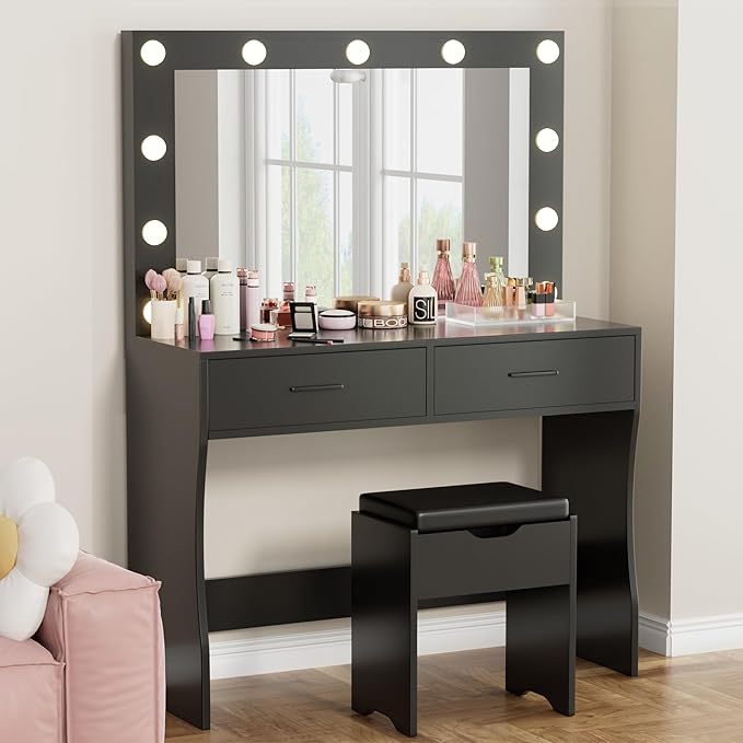 Furmax Vanity Desk Set with Large Lighted Mirror, 35.4 Inch Makeup Vanity Table with 2 Drawers, Cushioned Storage Stool, 3 Lighting Modes Brightness Adjustable, Dressing Table for Bedroom (Black)