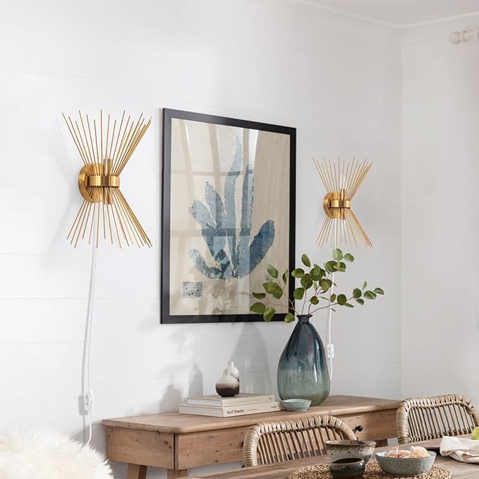 VILUXY Mid-Century Plug in Wall Sconces Antique Brass Brush Paint Finish with Starburst Shade and ON/Off Switch Cord for Bedside, Bedroom, Hallway, Entryway, Passway, Vanity 2 Pack