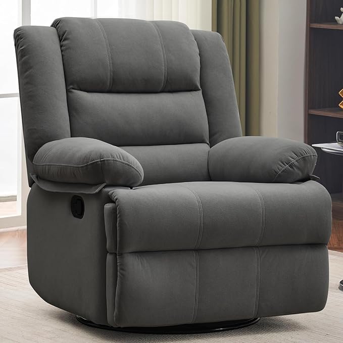 Swivel Rocking Recliner Chair for Adults, Overstuffed Manual Rocker Nursery Recliner Glider, Upholstered Fabric Reclining Single Sofa Chair for Living Room (Dark Grey)