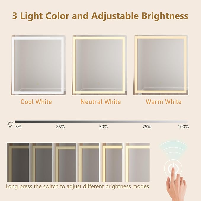 Farmhouse 47" Large Makeup Vanity Desk with Glass Tabletop, White Vanity with Sliding Mirror and Lights, Vanity Set with Stool & Charging Station, 3 Colors Lights, Ample Storage