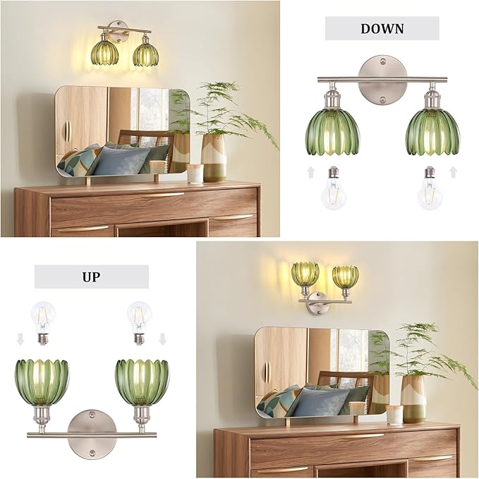Bathroom Light Fixtures, 2-Light Vanity Wall Light Over Mirror with Green Tulip Glass Shade for Bedroom Living Room, Satin Nickel