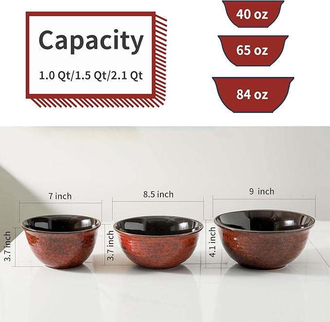 Hasense Mixing Bowls Set of 3, Procelain Serving Bowls Set for Cooking, Baking, Large Nesting Bowls for Salads, Fruit, 2.1/1.5/1.0 Qt, Dishwasher & Microwave Safe, Red