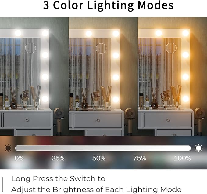 15 Drawers Makeup Vanity with Charging Station, Vanity Desk with 12 LED Bulbs and HD Mirror, 3 Color Brightness Adjustable, Vanity Set for Bedroom, White