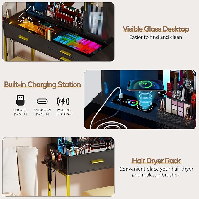 Makeup Vanity Desk with Mirror and RGB Lights,Glass Top Vanity Table with Wireless Charging & Stool,Vanity Set with 6 Drawers & Storage Cabinet & Makeup Organizer，Bedroom（Black）