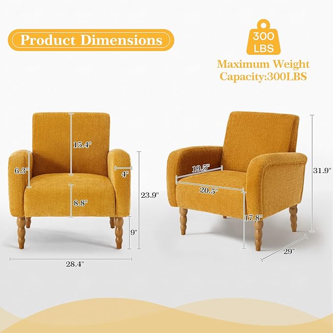 Accent Armchair Set of 2, Mid-Century Modern Living Room Chairs with Gourd-Like Shape Wooden Legs, Chenille Upholstered Single Sofa Reading Chair for Living Room Bedroom Guest Room,Yellow