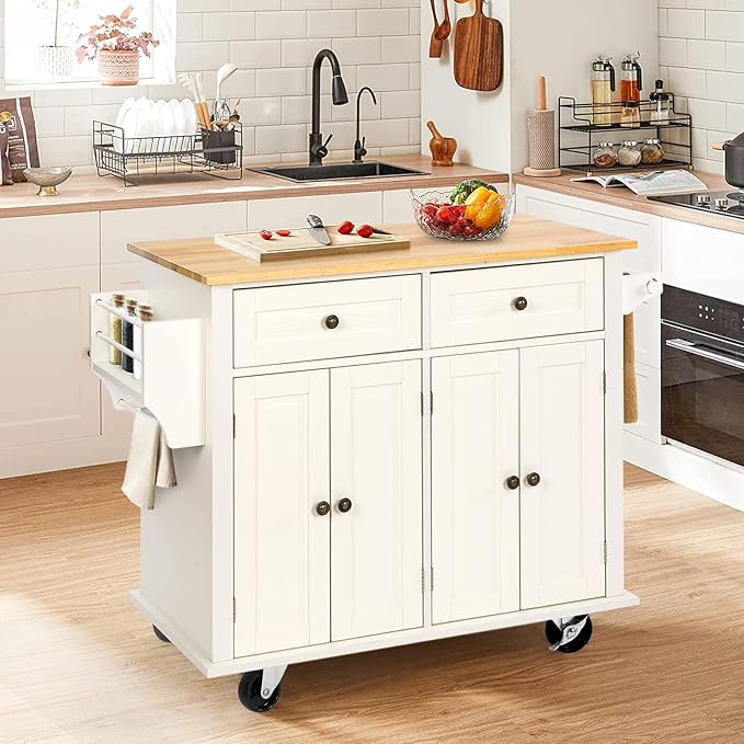 VOWNER Rolling Kitchen Island, Portable Kitchen Island with Storage, Floating Kitchen Cart with Spice Rack & Towel Rack, Drawer and Storage Cabinet, Isla para Cocina (White)