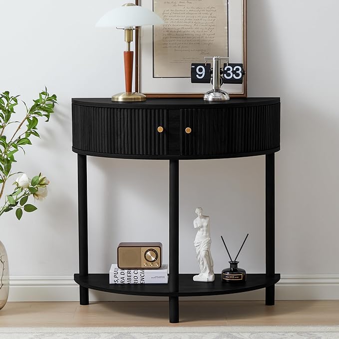 Fluted Half Moon Console Table, Modern Small Entry Table Sofa Table with Storage, Solid Wood Legs Narrow Entryway Table for Living Room, Hallway, Foyer(Black)