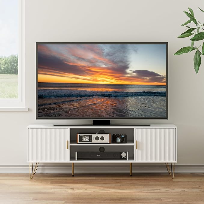 TV Stand for 55 65-inch TV, Entertainment Center with Soft Hinge Door,TV Console Table with 2 Cabinets with Gold Handle and Feet,for Living Room, Bedroom, White