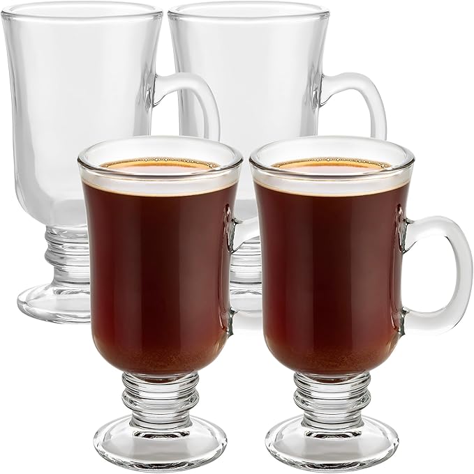 PARNOO Irish Coffee Mugs - 8 oz with Handle & Footed Stem Base - Clear Glasses for Tea, Coffee & Hot Chocolate, Heavy Duty Set of 4
