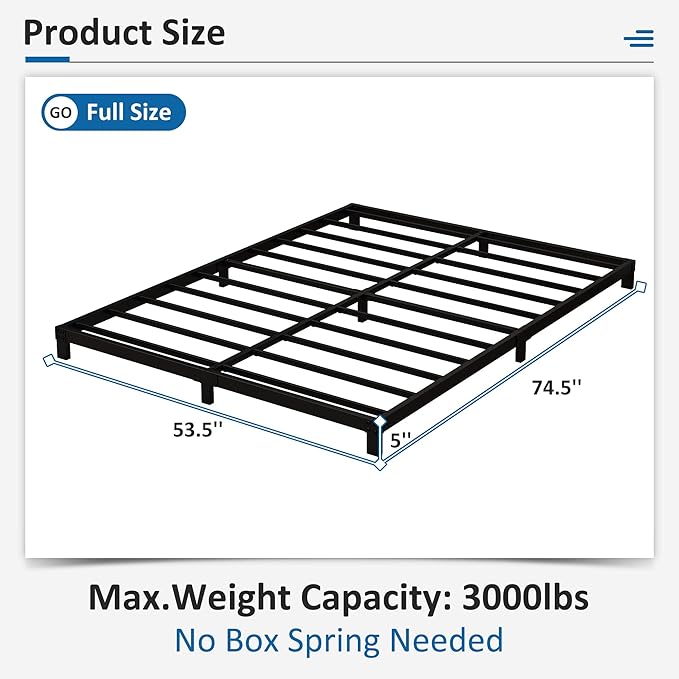 5 Inch Low Full Size Bed Frame Heavy Duty Metal Platform, No Box Spring Needed, Easy Assembly Mattress Foundation, No Noise, Black