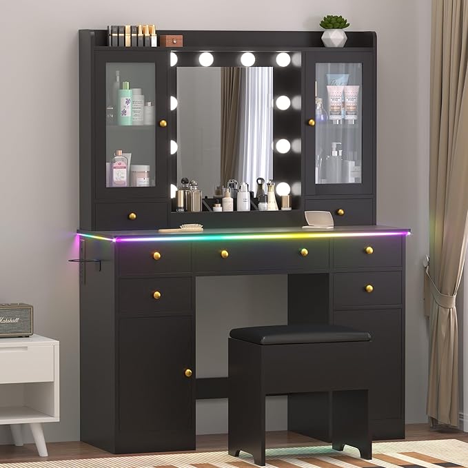 Vanity Desk with Mirror and Lights, 43" Black Makeup Vanity Set with 5 Drawers & Glass Cabinets, Storage Stool, Power Outlet & Adjustable LED Lights, Dressing Table for Women & Girls Bedroom