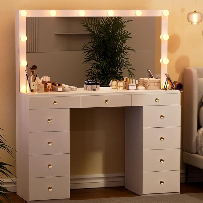 Likein Vanity Desk with Mirror and Lights, White Vanity with Hidden Jewelry Storage Cabinet, Charging Station, 11 Drawers Makeup Vanity with Lights, Crystal Knobs, 3 Color Lighting Modes for Girls