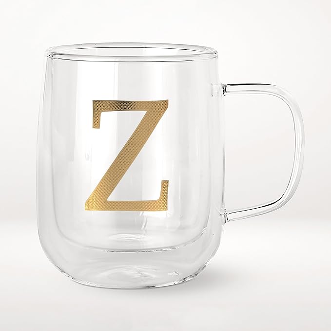 COLLECTIVE HOME - Double Walled Glass Coffee Mugs, Insulated Coffee Mug with Handle, Personalized Gifts for Women, Men, Christmas, 14 oz Monogram Cups (Z)