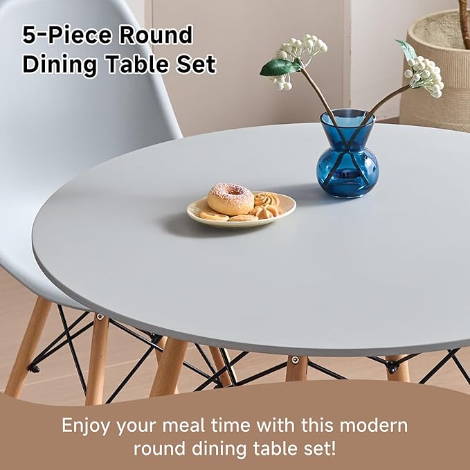 35.5'' 5 Piece Round Dining Table Set for 4, Mid-Century Modern Table with Chairs, Space Saving, Plastic Seats, Wood Legs, Circle Dinner Table for Kitchen, Home, Apartment, Gray