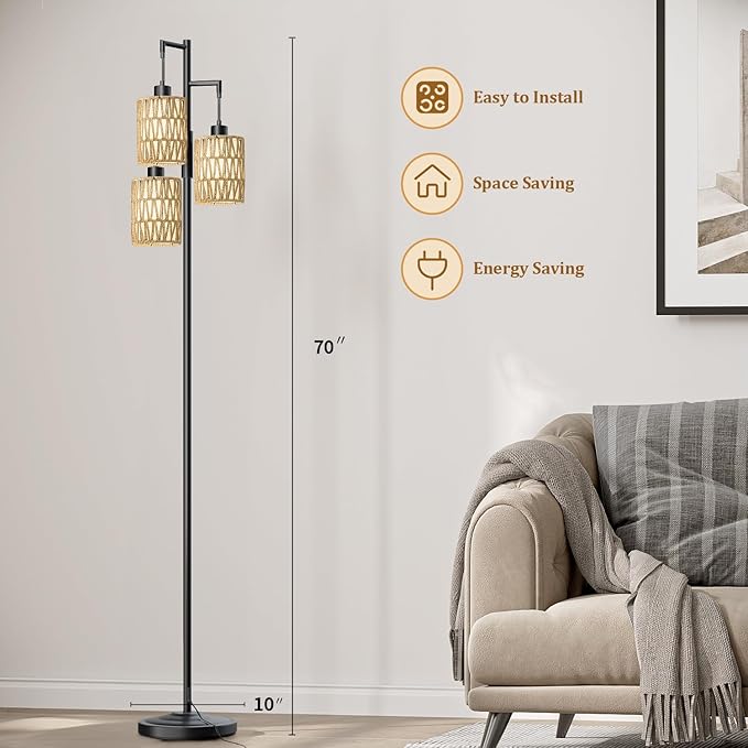Oneach 70" Floor Lamps for Living Room, Stepless Dimmable Boho Floor Lamp with 3 Bulbs, Tall Farmhouse Industrial Corner Standing Tree Lamp for Bedroom, Office, Study Room, Rattan with Linen Shade