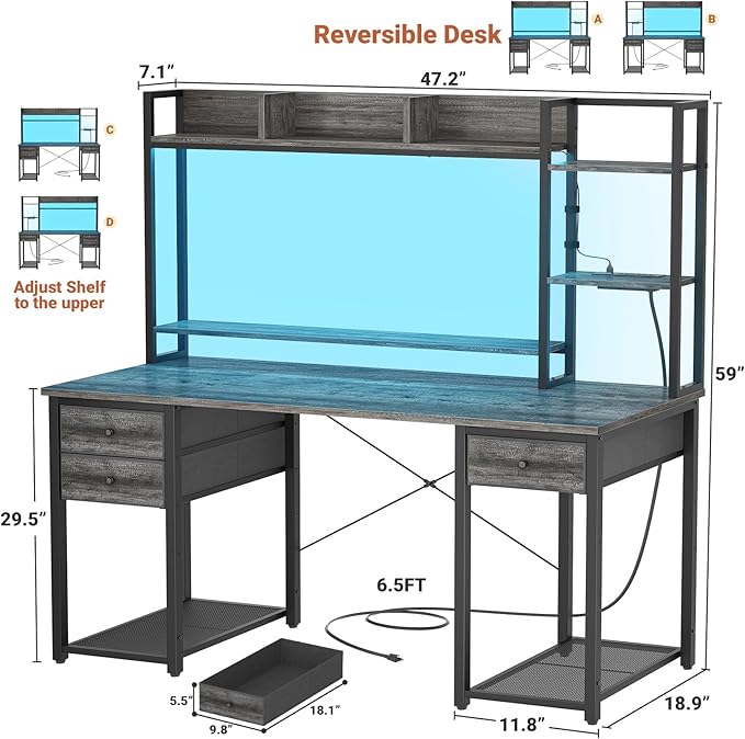 Aheaplus Desk with LED and Outlets, Gaming Desk with Hutch, 47.2'' Computer Desk with Drawers, Reversible office desk with storage bookshelf Large Workstation Desk with Shelf, Desk for Home, Black Oak
