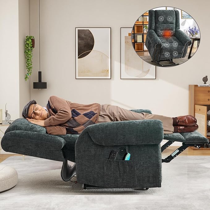 CDCASA Dual Motor Lay Flat Lift Chairs Recliners for Elderly with Massage and Heat, Upgraded Chenille Infinite Position Large Sleeping Electric Power Lift Chair Recliner for Seniors, Grey Blue