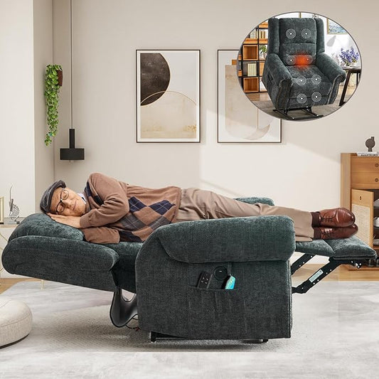 CDCASA Dual Motor Lay Flat Lift Chairs Recliners for Elderly with Massage and Heat, Upgraded Chenille Infinite Position Large Sleeping Electric Power Lift Chair Recliner for Seniors, Grey Blue