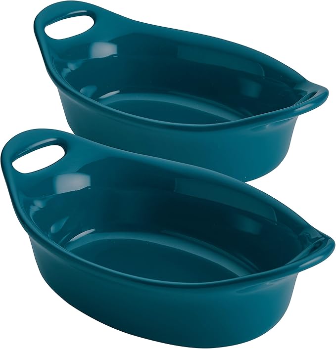 Rachael Ray Solid Glaze Ceramics Au Gratin Bakeware / Baker Set, Oval - 2 Piece, Teal