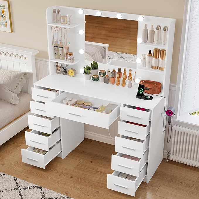 47.2" Large Vanity Desk with Mirror and Lights, Makeup Vanity with 11 Drawers & 6 Open Shelves, 3 Lighting Modes, Brightness Adjustable, White
