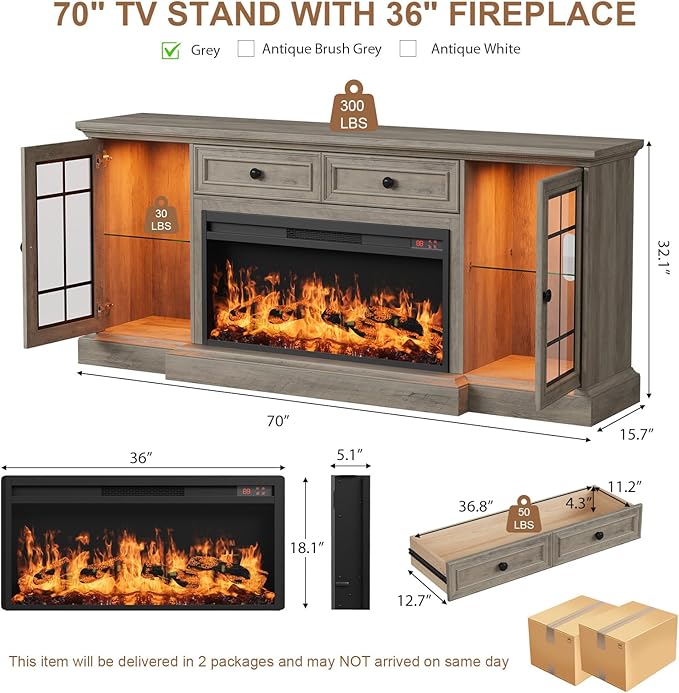 Fireplace TV Stand Up to 80" TVs, 70'' Modern Entertainment Center with 36" Electric Fireplace & LED Lights, Farmhouse Media Console with Storage Cabinet & Drawer for Living Room, Gray