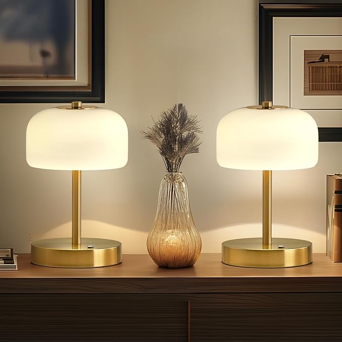 PORTRES Cordless Table Lamp Rechargeable Battery Operated Mushroom lamp Opal Glass Shade 3 Way Dimmable LED Touch Outdoor Lamp for Camping Bedroom Dining Living Room Beside Patio Restaurant,Gold
