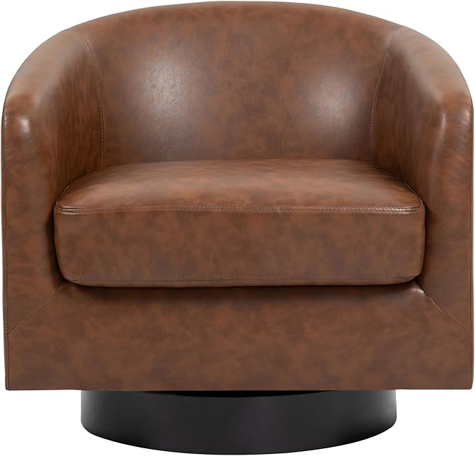 UIXE 360° Swivel Barrel Accent Chair Armchair, PU Leather Round Club Arm Chair for Lving Room, Modern Upholstered Small Bedroom Single Sofa Seat - Coffee Brown, Set of 1