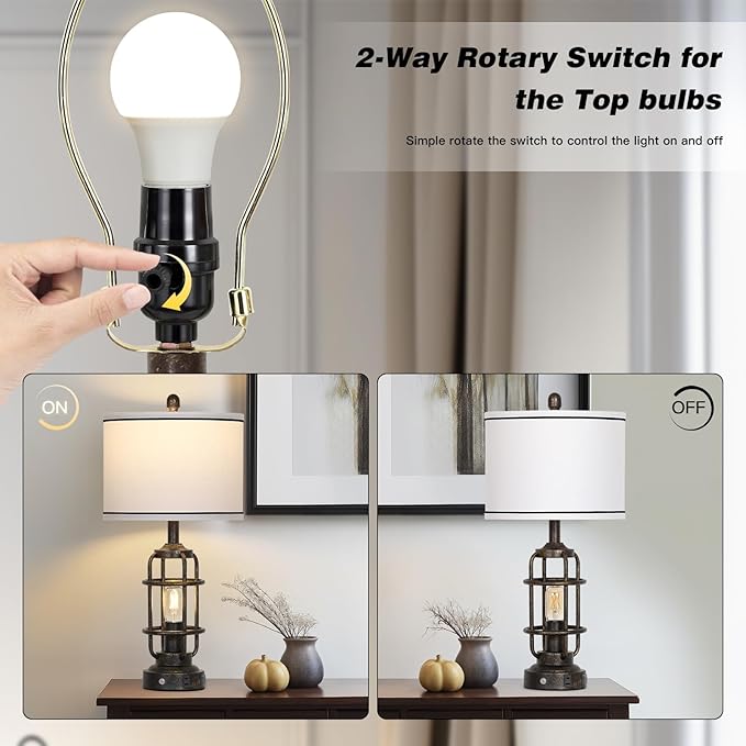 26" Vintage Industrial Table Lamps Set of 2, Farmhouse 3 Way Dimmable Touch Control LED Night Lights Table Lamp with USB A+C Ports & AC Outlet, Rustic Retro Beside Nightstand Lamp for Bedrooms Bronze