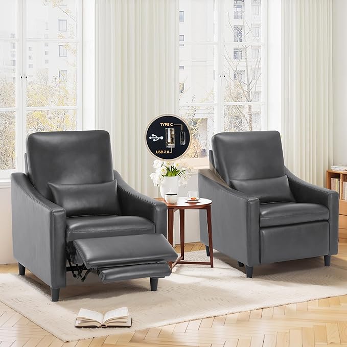 COLAMY Pushback Electric Recliner Chair Set of 2, Premium Leather Upholstery with Adjustable Angles, Extra Lumbar Pillow, Built-in Charging Port, Business-Casual Style for Living Room,Grey