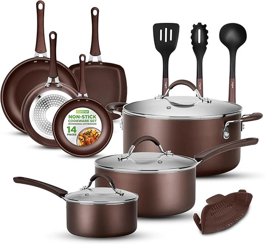 14-Piece Nonstick Kitchen Cookware Set - Free Heat Resistant Lacquer Kitchen Ware Pots Pan Set w/ Saucepan, Frying Pans, Cooking Pots, Dutch Oven Pot, Lids, Utensils, Brown - NutriChef NCCW14SBR.5