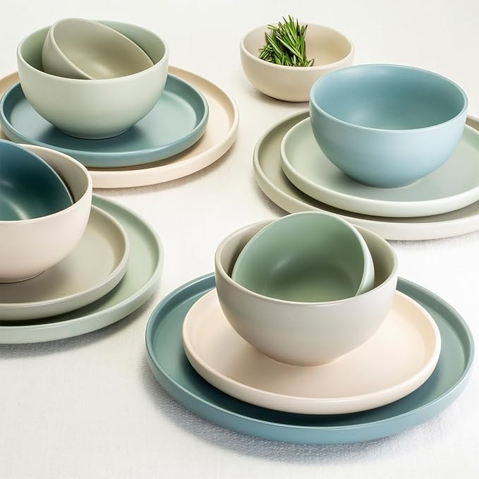 Sango Rollo 16-Piece Artist's Blend Casual Stoneware Dinnerware Set- Service for 4, Includes Larger & Smaller Bowls, Microwave & Dishwasher Safe, for Everyday Dining & Entertainment