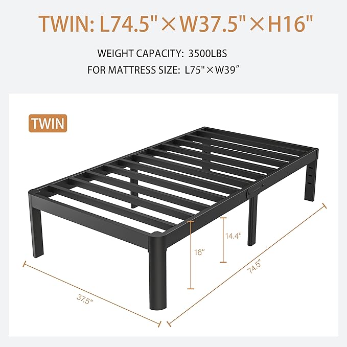Black Bed Frame Twin Size 16 Inch, Metal Twin Bed Frame No Box Spring Needed, DIY Headboard Holes, Heavy Duty Steel Support 3500 LBS, Noiseless, Round Corner Legs, Storage Space, Easy Assembly