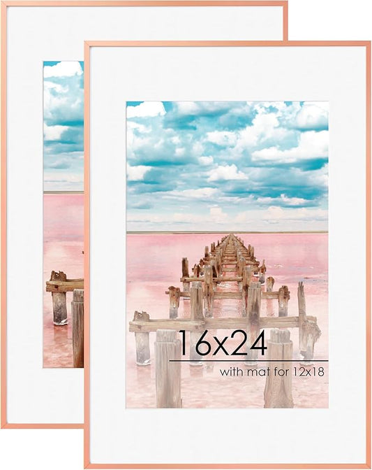 16x24 Frame | 16x24 Poster Frame With Mat For 12x18 | Metal Aluminum Picture Frame With Tempered Glass | Minimalist Modern Poster Frame | Hanging Hardware Included | Set of 2, Rose Gold