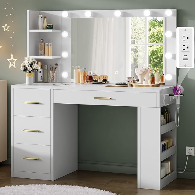 DWVO Makeup Vanity Desk with Mirror & Lights, 40inch Vanity Table with Power Outlets, 4 Drawers & 6 Open Storage Shelves, 3 Color Modes & Adjustable Brightness Dressing Table for Bedroom, White