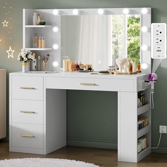 DWVO Makeup Vanity Desk with Mirror & Lights, 40inch Vanity Table with Power Outlets, 4 Drawers & 6 Open Storage Shelves, 3 Color Modes & Adjustable Brightness Dressing Table for Bedroom, White