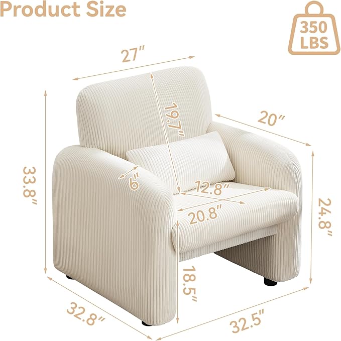 Corduroy Fabric Accent Chair, Modern Upholstered Living Room Chairs with Lumbar Pillow, Wide Comfy Leisure Armchair for Bedroom, Office, Reading, White