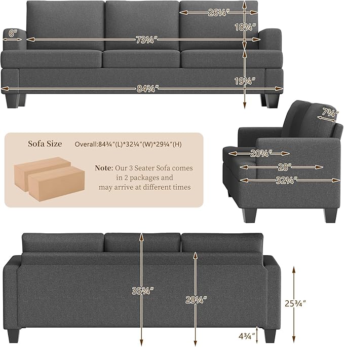 Furnimart 85 inch Grey 3 Seater Couches, Modern Cozy Deep Seat Sofa, Comfy Fluffy Couch for Living Room, Small Couches for Small Space, with Removable Sofa Cover, Dark Grey