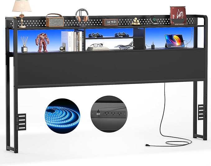 Unikito Headboard for King Size Bed with Storage Shelf, Head Board with 3 Outlets and 2 USB Ports, Headboards with RGB LED Light, Height Adjustable, Sturdy and Stable, Easy Assembly, Black